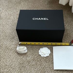 Chanel Black Box with White Camellia, ribbon, and envelope